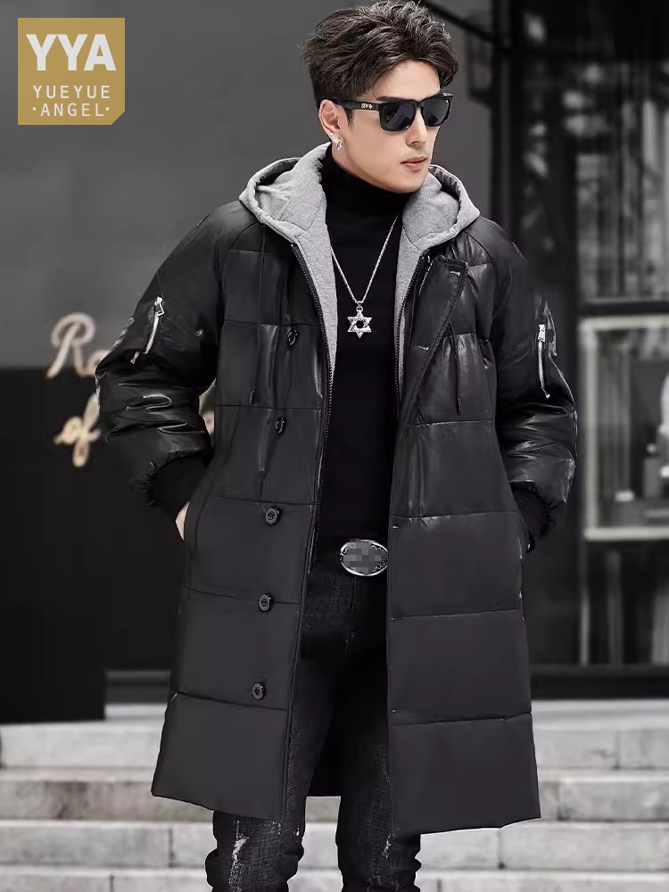 Leather Work Jacket With Hood - Winter New Men Hooded Long Genuine