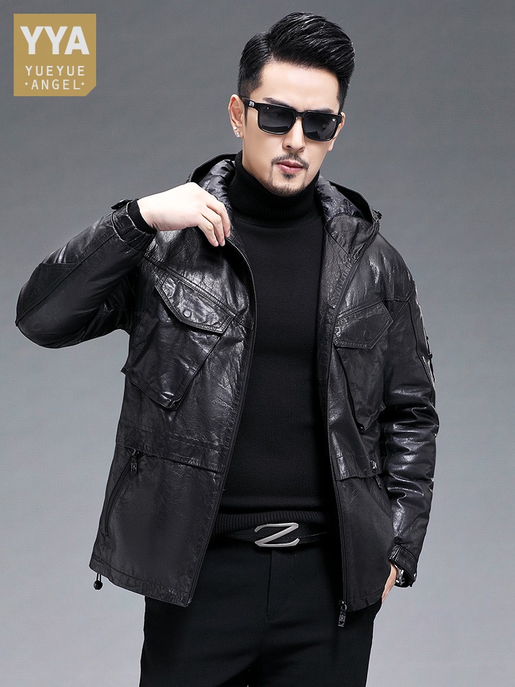 Leather Work Jacket With Hood - Winter Men Warm Real Goatskin Down
