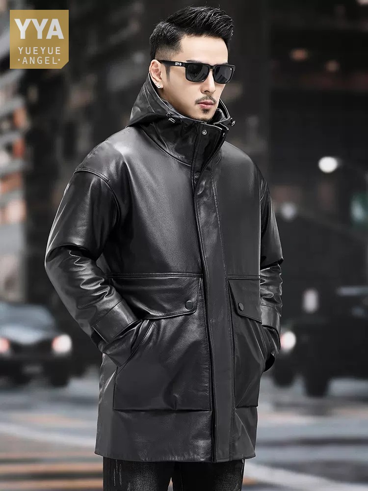 Leather Work Jacket With Hood - Winter Men Warm Work Down Jacket