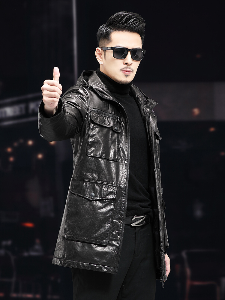 Men Winter Warm Mid Long Oil W - Leather Work Jacket With Hood 评论和价格