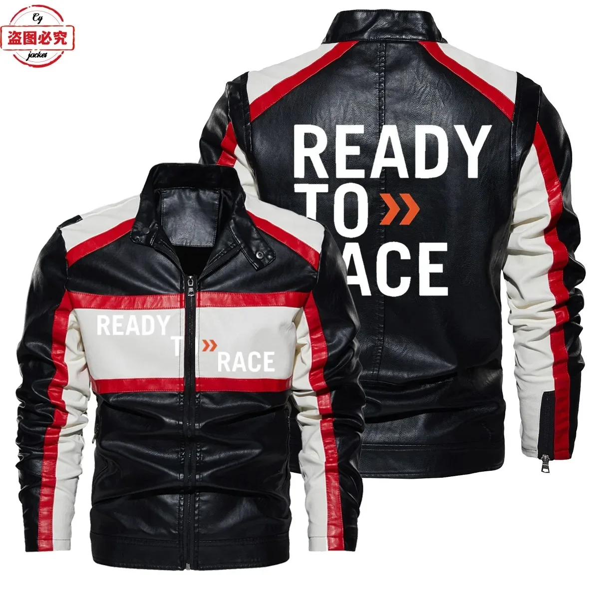 Ready To Race Logo Printed Off - Leather Work Jacket With Hood 评论和价格