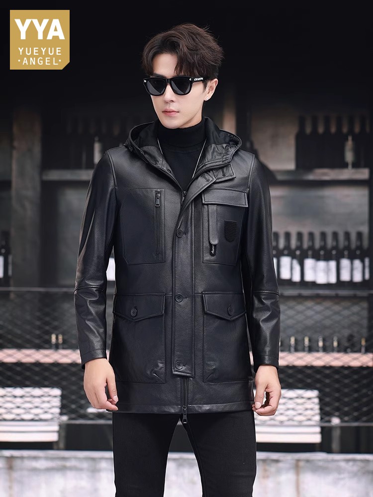 Winter Business Men Work Mid L - Leather Work Jacket With Hood 评论和价格
