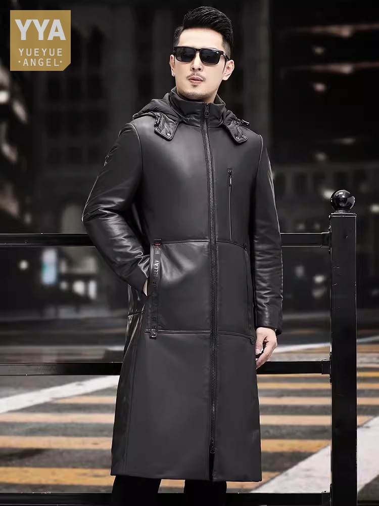 Winter Thick Warm Long Goose D - Leather Work Jacket With Hood 评论和价格