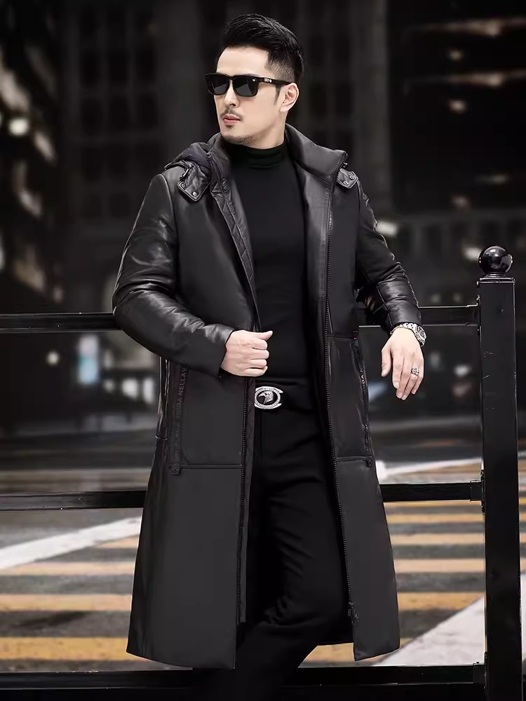 Winter Thick Warm Long Goose D - Leather Work Jacket With Hood 评论和价格