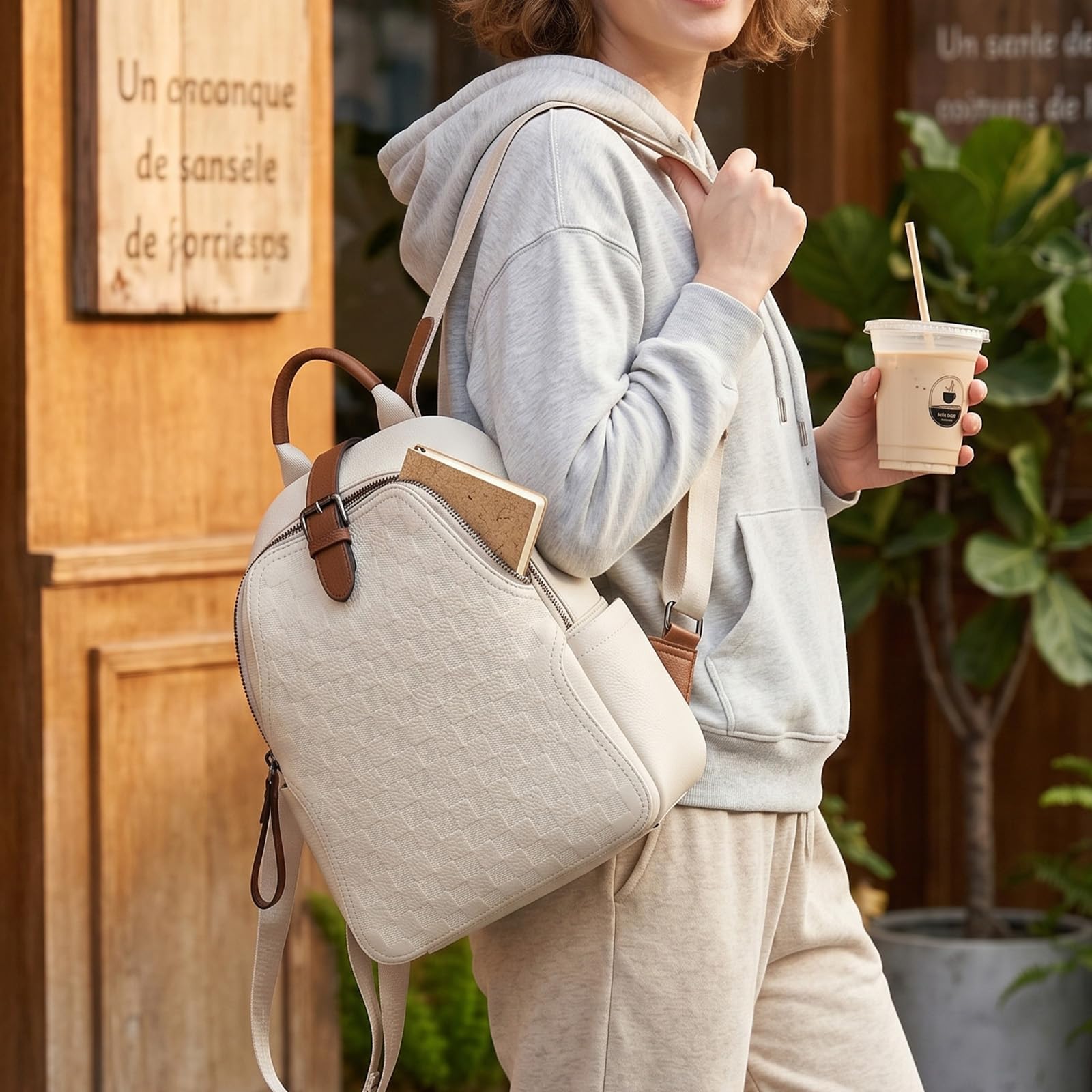 Women Embossed Checkered PU Le - Leather Work Womens Backpack 评论和价格