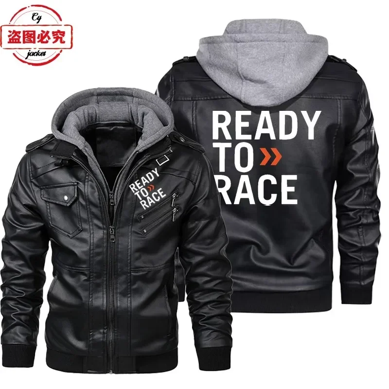 Ready To Race Logo Printed Off - Leather Work Jacket With Hood 评论和价格