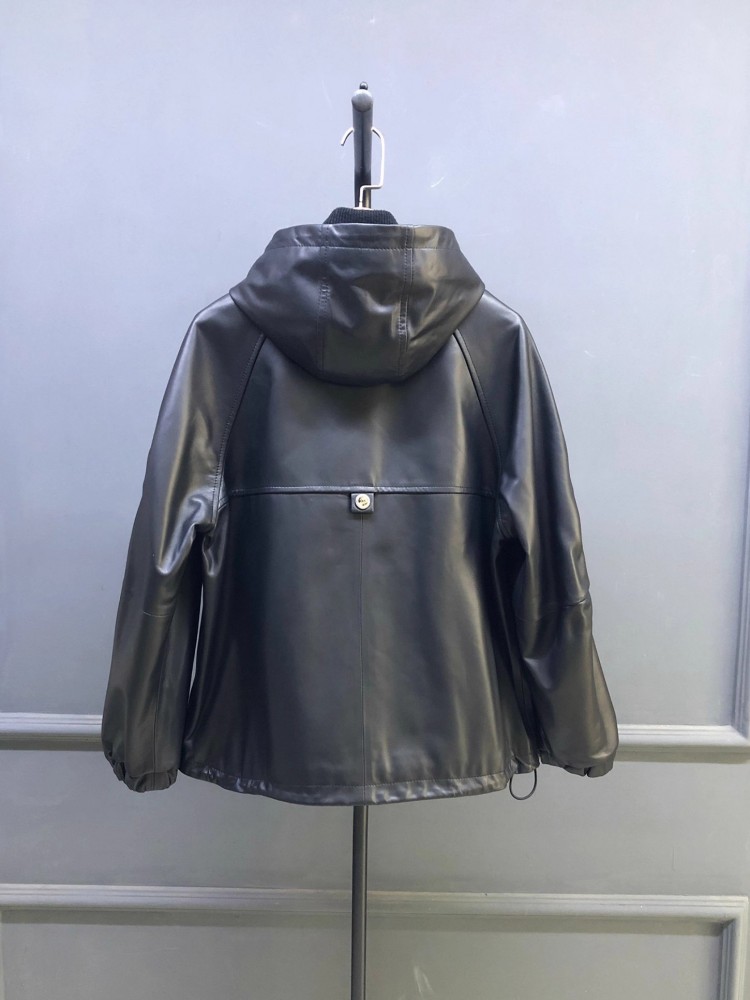 Hot Sale Autumn Women Natural  - Leather Work Jacket With Hood 评论和价格