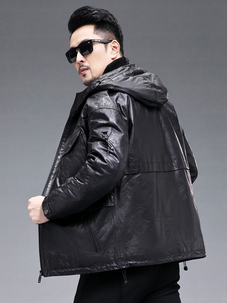 Winter Men Warm Real Goatskin  - Leather Work Jacket With Hood 评论和价格