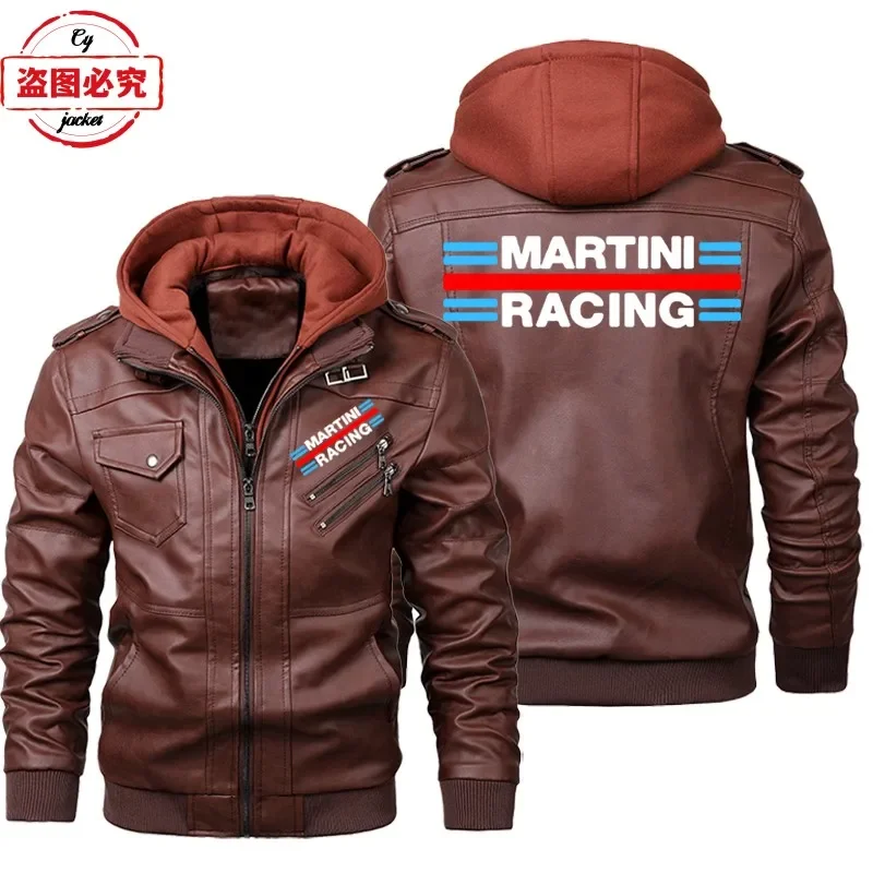 Martini Racing Logo Printed Ra - Leather Work Jacket With Hood 评论和价格