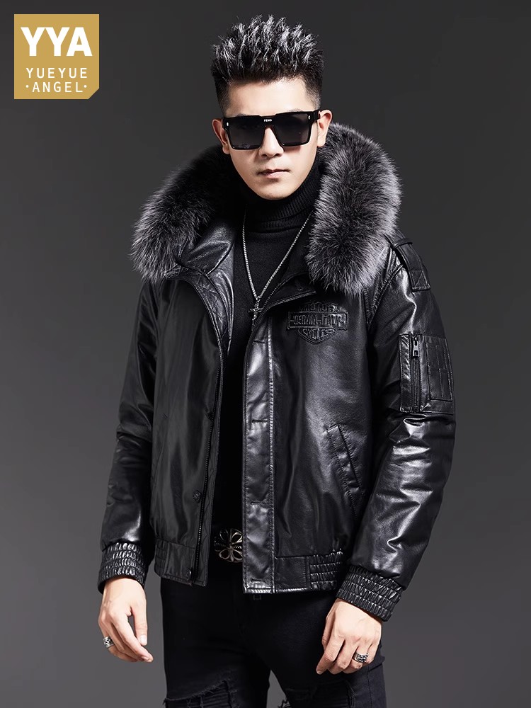 Fashion Mens Winter Fox Fur Co - Leather Work Jacket With Hood 评论和价格