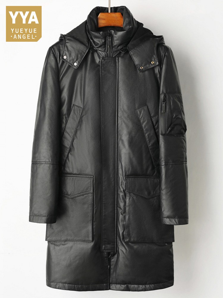 Winter Men Warm Cowhide Genuin - Leather Work Jacket With Hood 评论和价格