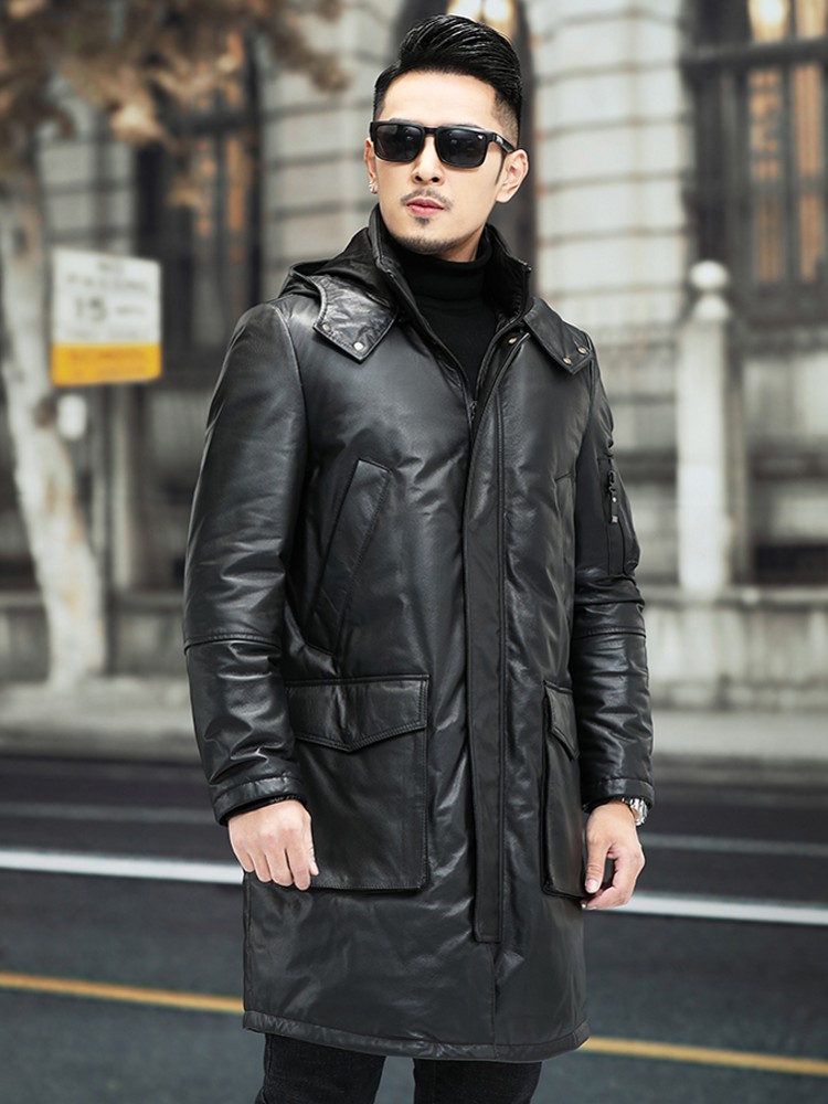 Winter Men Warm Cowhide Genuin - Leather Work Jacket With Hood 评论和价格